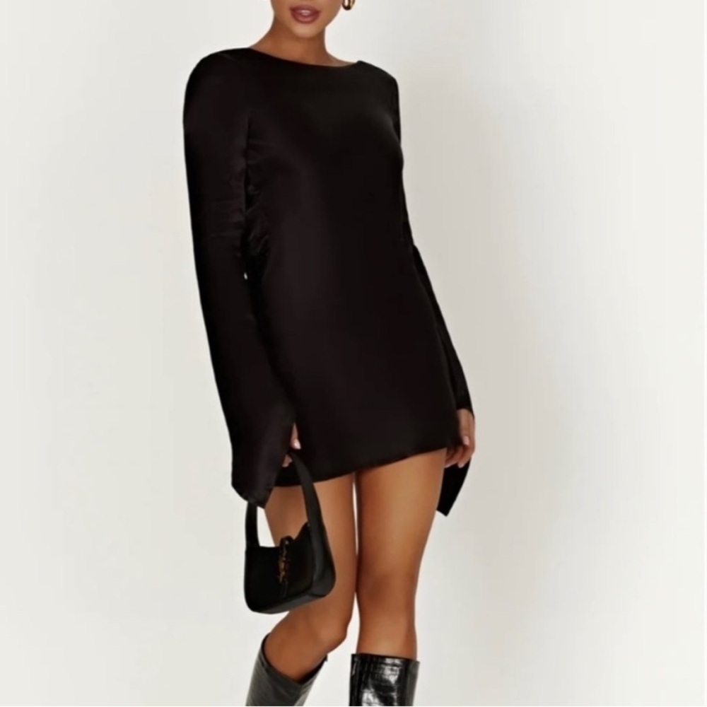 Meshki Davina Satin Black Long-Sleeve Mini Dress - Elegant Pullover Style Small